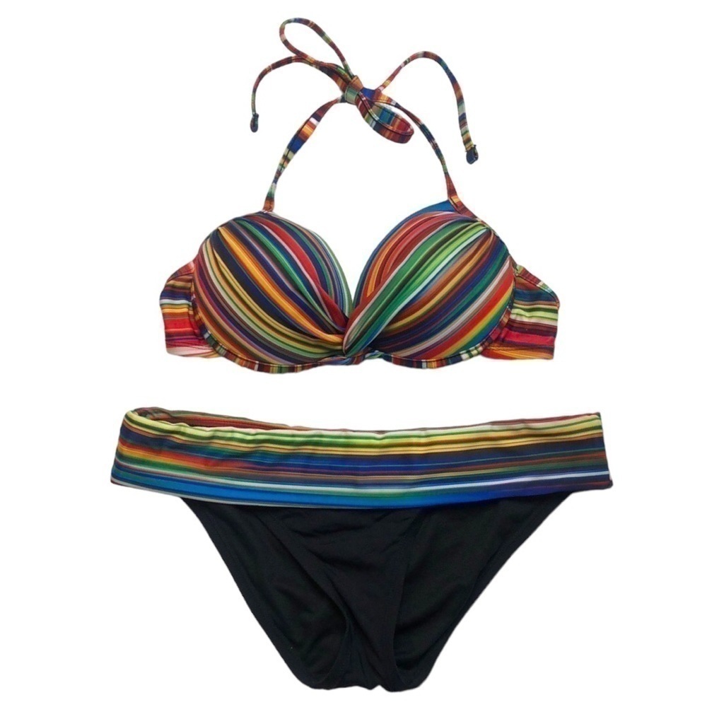 A.N.A - A NEW APPROACH Black & Multicolor Striped Push-Up Bikini Set -Size Small